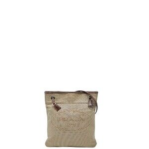 Prada Logo Jacquard Shoulder Bag Beige Tan Brown Canvas Leather
